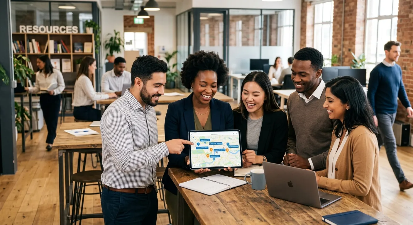 A diverse group of professional, confident job seekers in business casual attire, smiling and looking at a tablet showing a map with