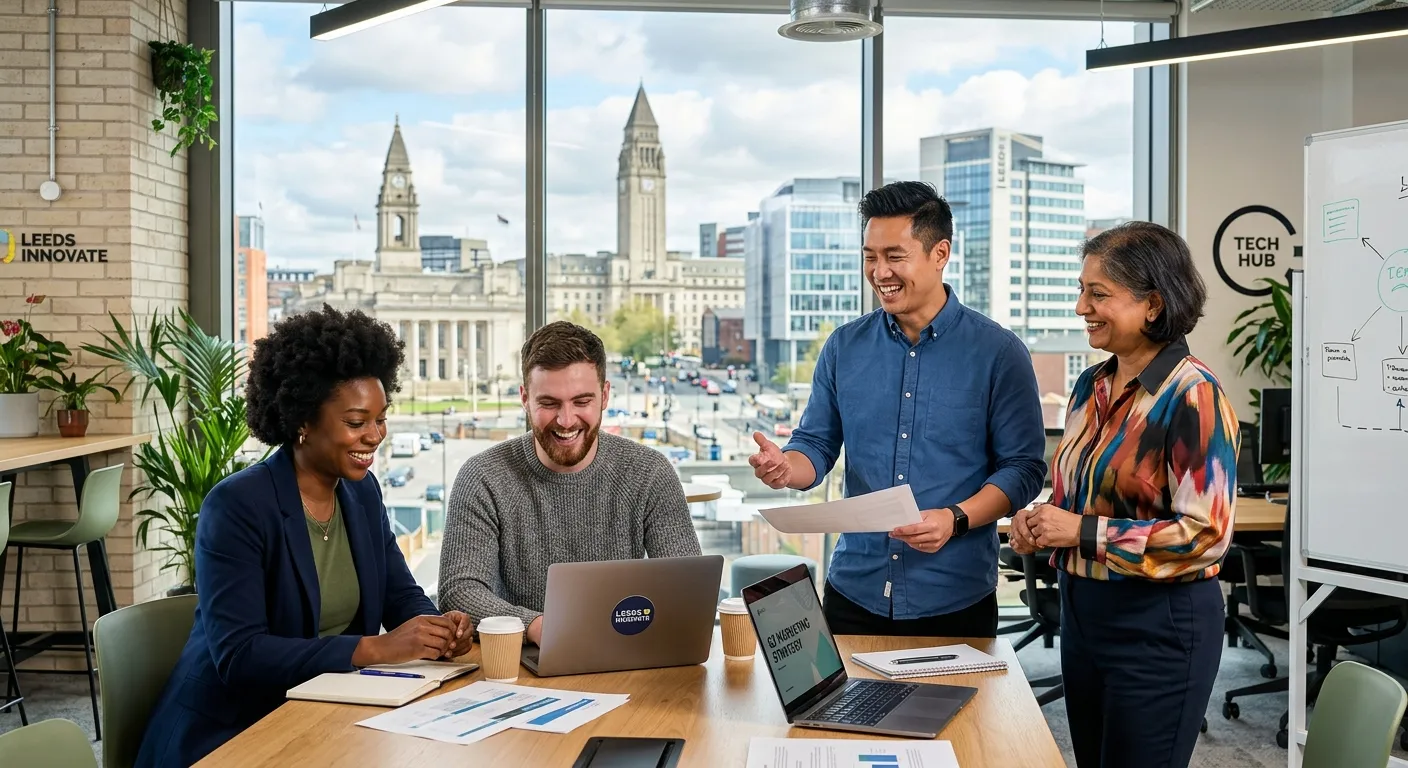 A dynamic, professional hero image showing a diverse team of workers in a modern Leeds city centre o... A dynamic, professional hero image showing a diverse team of workers in a modern Leeds city centre office or light industrial unit, collaborating and smiling, with the Leeds skyline visible through a window. Style: Bright, professional, inspiring mood.