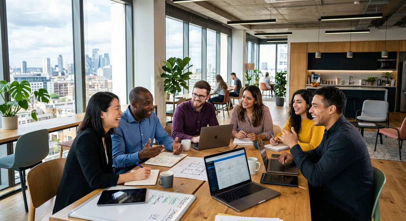 A diverse group of modern professionals collaborating in a bright, open-plan office. Style: High-resolution, authentic, with a focus on engagement and teamwork. Mood: Optimistic, professional, and forward-thinking.