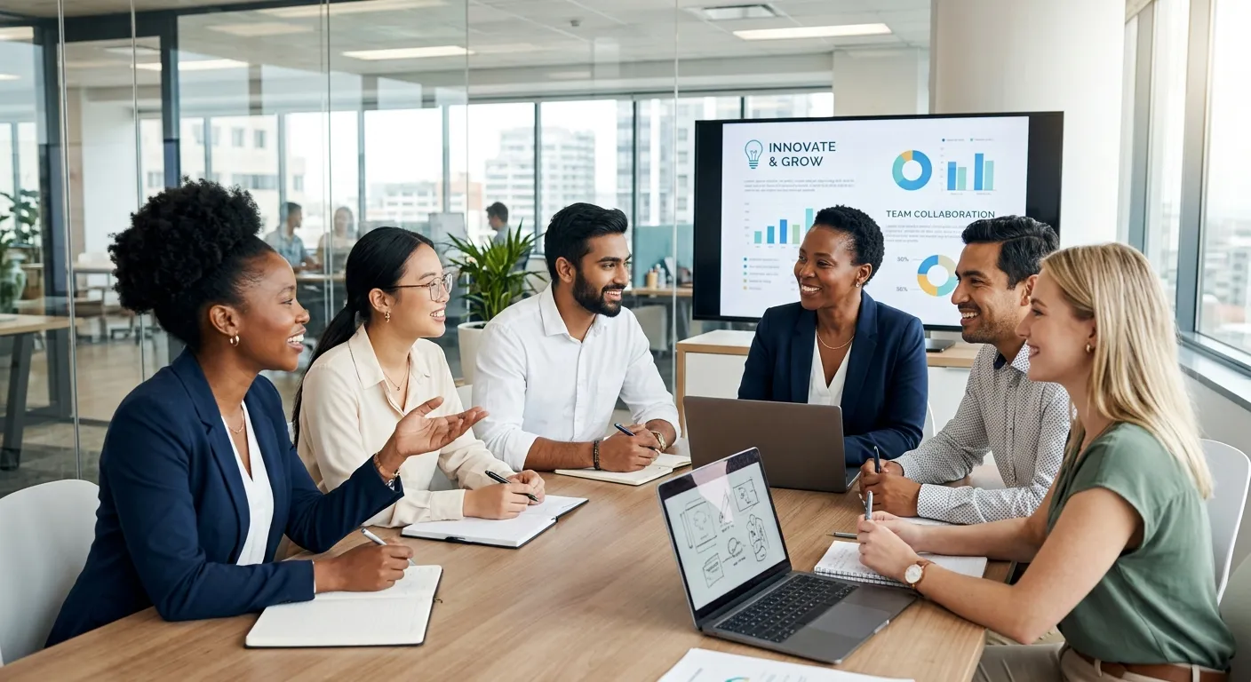 A diverse group of professional candidates in a modern office setting, engaged in a collaborative di... A diverse group of professional candidates in a modern office setting, engaged in a collaborative discussion with a hiring manager. Style: professional, bright, high-contrast, optimistic mood.