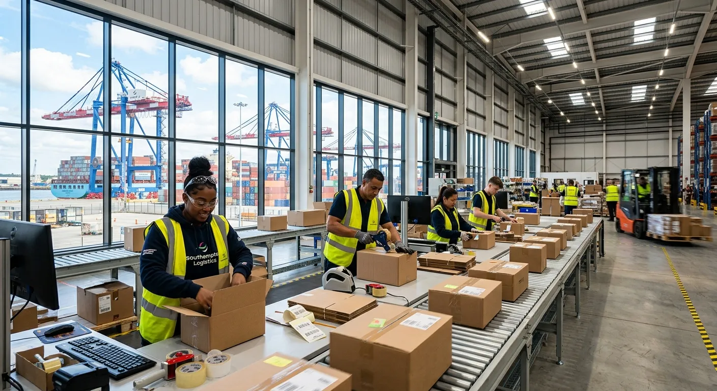 A dynamic, high-energy shot of a modern, well-lit warehouse in Southampton, featuring diverse workers efficiently packing goods in a fast-paced environment. The Port of Southampton cranes are visible through large windows, establishing the location.