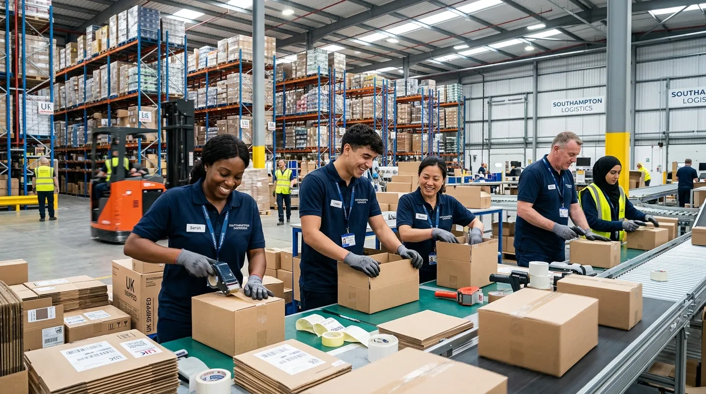 A dynamic, high-energy hero image showing a diverse team of warehouse workers efficiently packing boxes in a modern, well-lit Southampton logistics facility. The mood is professional, productive, and collaborative.