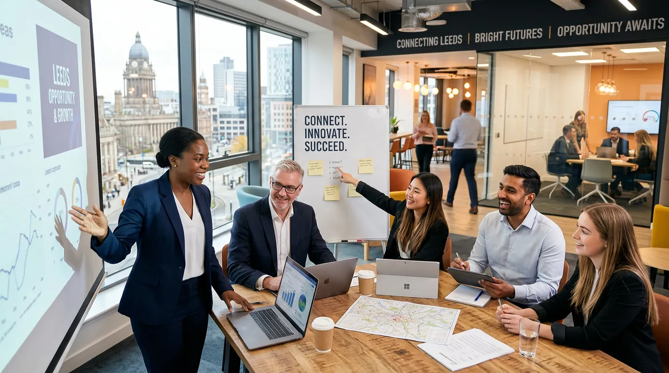 A dynamic, professional hero image showing a diverse group of people collaborating in a modern Leeds city centre office or a bustling warehouse, symbolizing opportunity and connection. The mood is energetic, professional, and forward-looking.