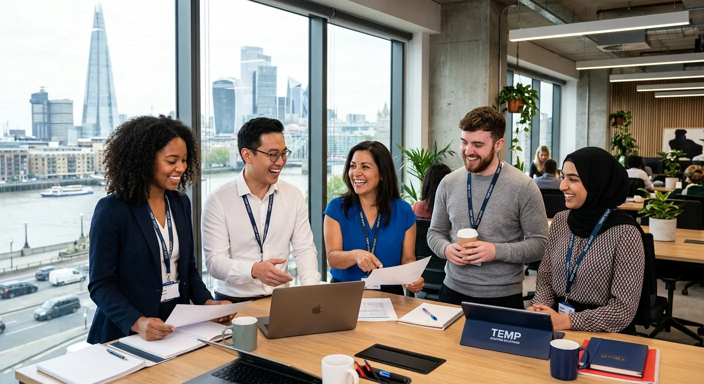 A dynamic, professional photo of a diverse group of temp workers smiling in a modern London office s... A dynamic, professional photo of a diverse group of temp workers smiling in a modern London office setting, with iconic London skyline visible through the window. Style is bright, energetic, and professional.