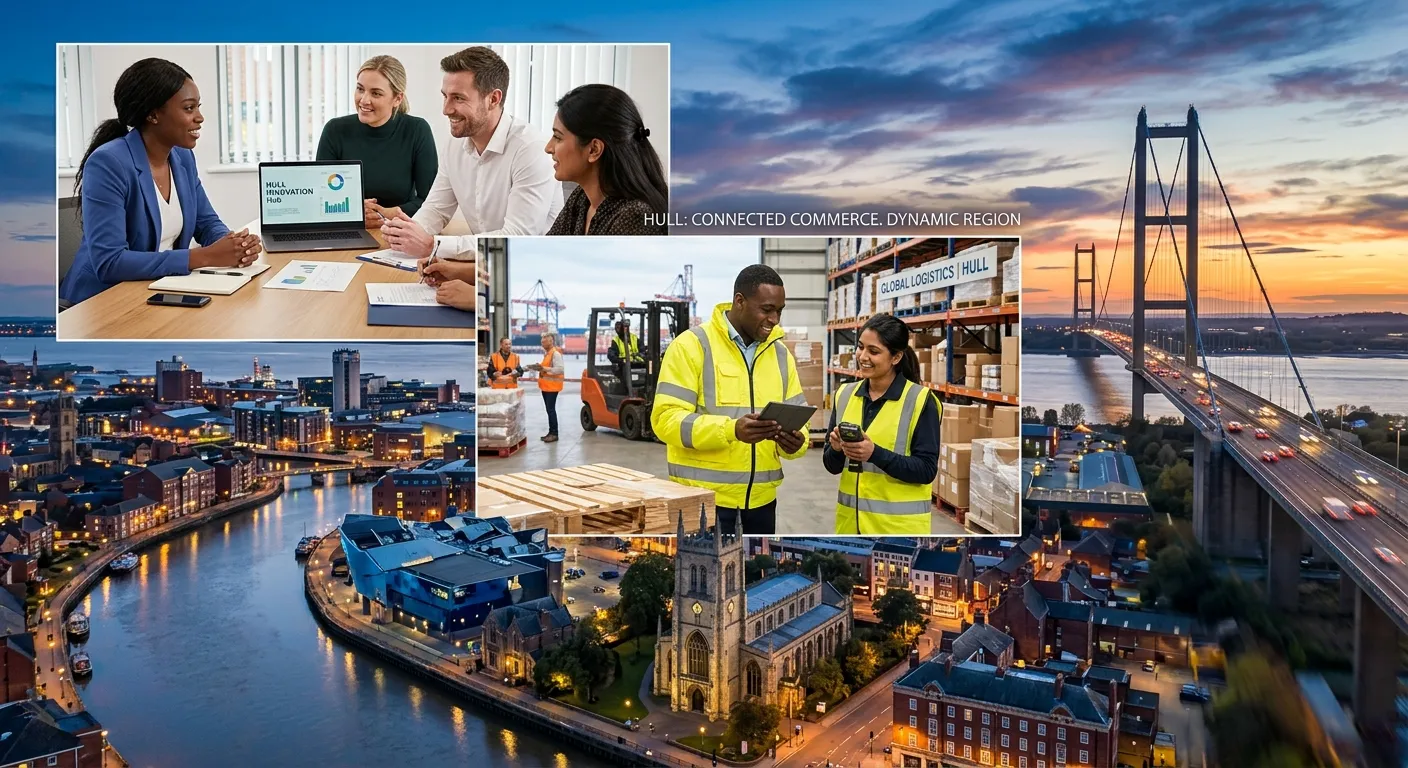 A dynamic, professional photo of the Hull cityscape with the Humber Bridge in the background, overlaid with images of diverse professionals collaborating in a modern office and a warehouse setting. Style: Vibrant, inspiring, professional. Mood: Energetic, opportunistic, connected.