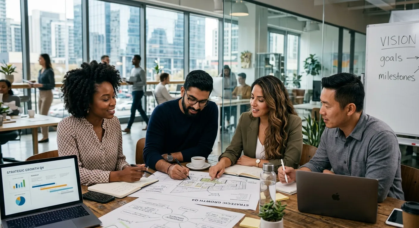 A diverse group of modern professionals collaborating in a bright, open-plan office, with a focus on... A diverse group of modern professionals collaborating in a bright, open-plan office, with a focus on teamwork and strategic planning, cinematic lighting