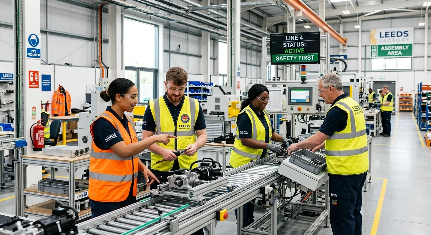 A modern, well-lit industrial factory floor in Leeds, showing a diverse team of factory workers in high-visibility vests collaborating on an assembly line. The image should convey professionalism, teamwork, and a safe working environment.