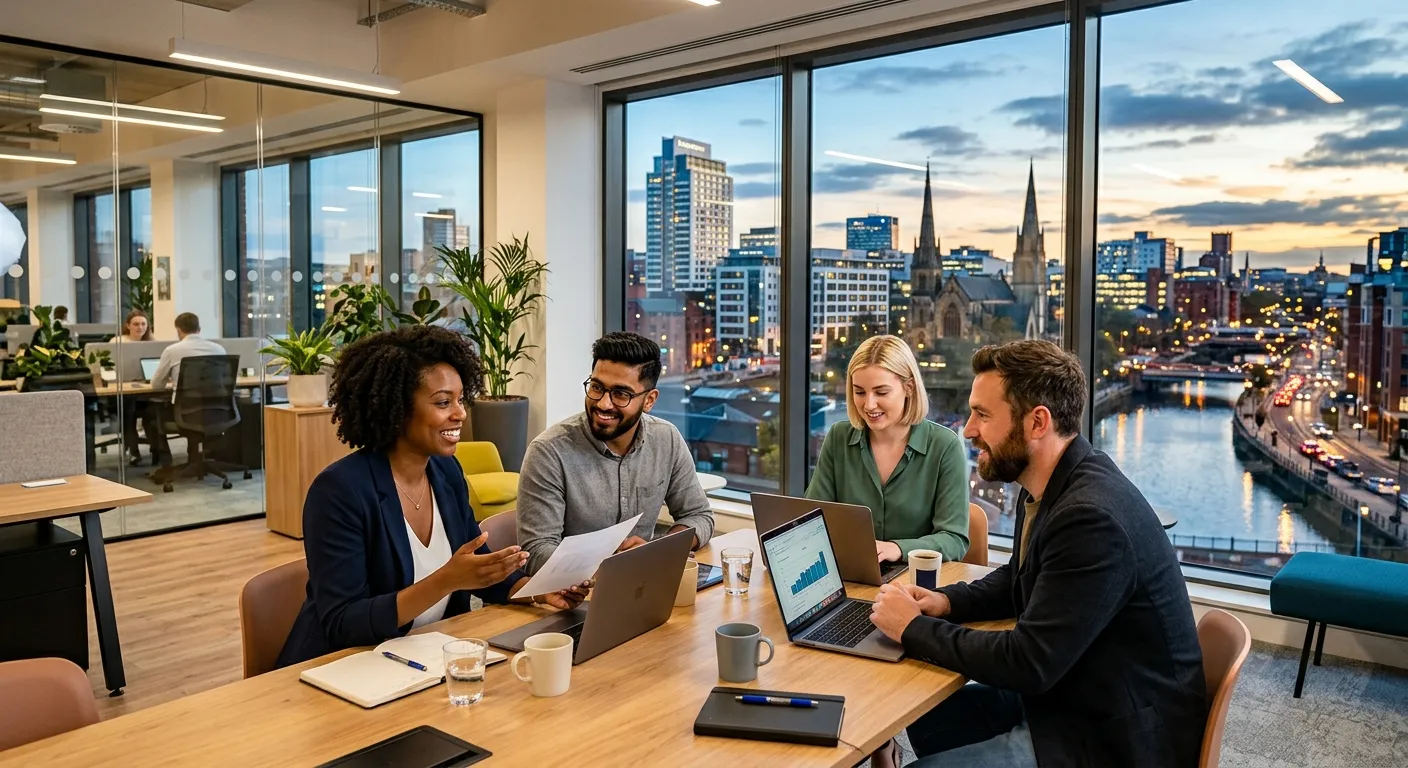 A dynamic, professional photo of the Leeds city skyline blending with diverse professionals in a mod... A dynamic, professional photo of the Leeds city skyline blending with diverse professionals in a modern office setting. Style: Modern, vibrant, professional.