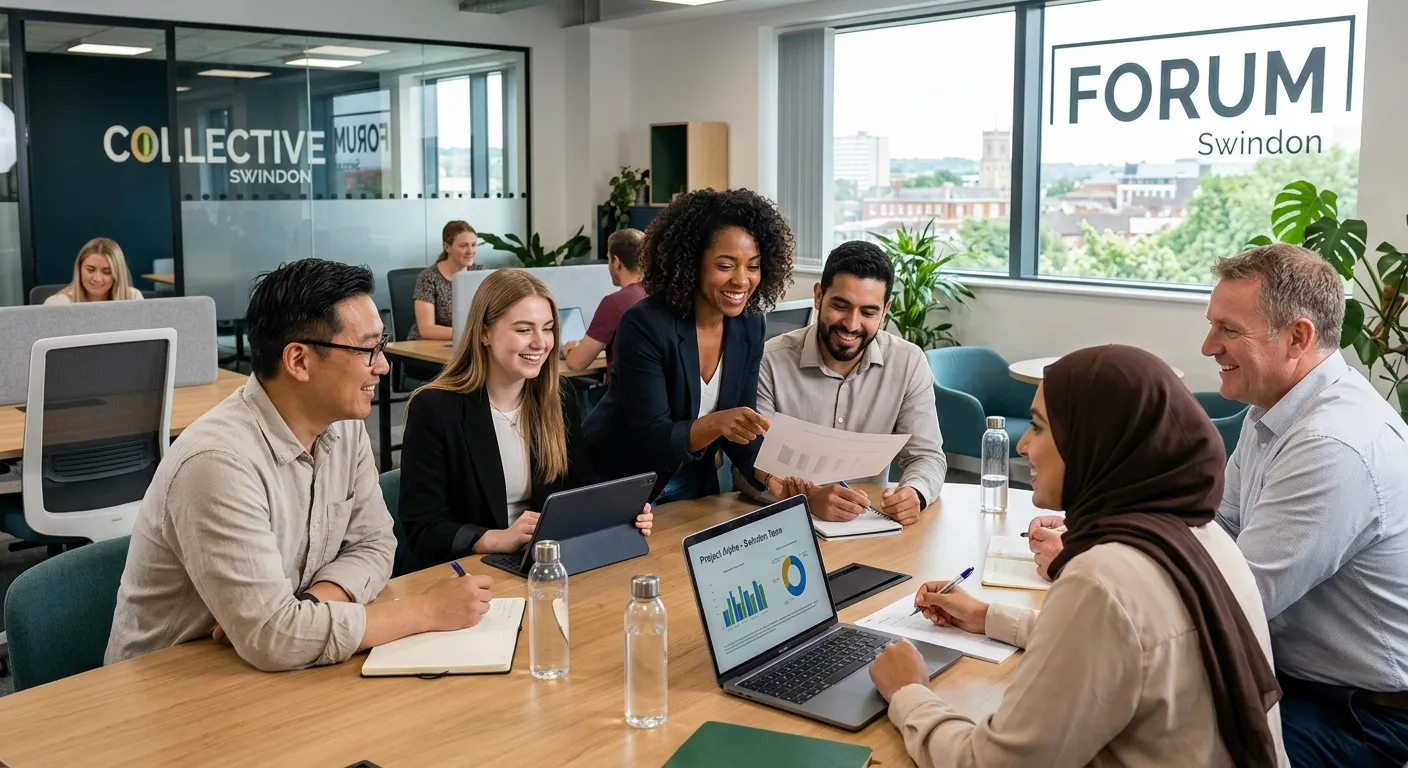 Professional, welcoming photo of a diverse team of contract workers in a modern Swindon business set... Professional, welcoming photo of a diverse team of contract workers in a modern Swindon business setting, smiling and collaborating, representing the flexibility and opportunity of contract work.