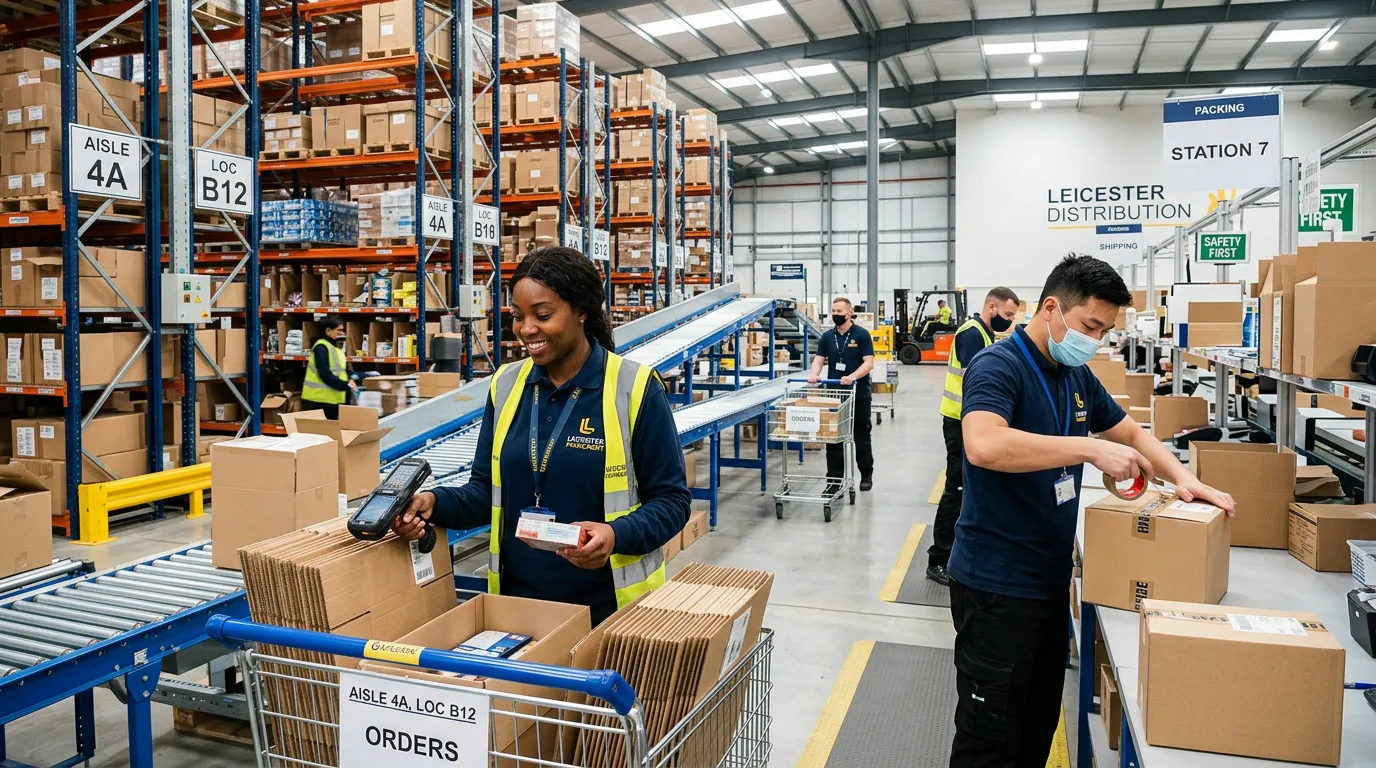 A dynamic, professional hero image showing a diverse team of pickers and packers in a modern, well-lit Leicester warehouse. They are efficiently working with handheld scanners and packing goods into boxes. The mood is energetic, productive, and professional.