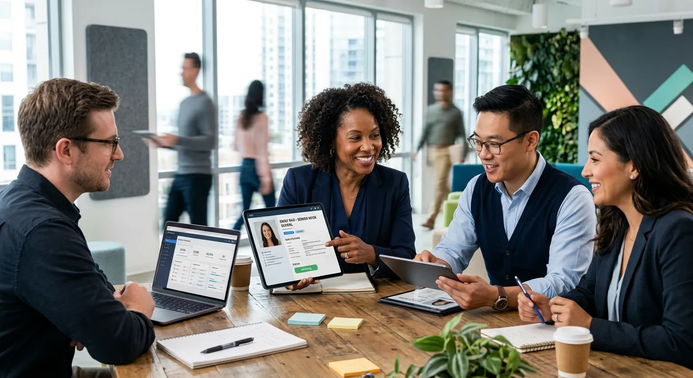 A dynamic, professional hero image showing a diverse team collaborating in a modern office, with a f... A dynamic, professional hero image showing a diverse team collaborating in a modern office, with a focus on HR professionals reviewing candidate profiles on digital tablets. Style: Bright, optimistic, with a slight blur effect in the background. Mood: Innovative, successful, and forward-thinking.