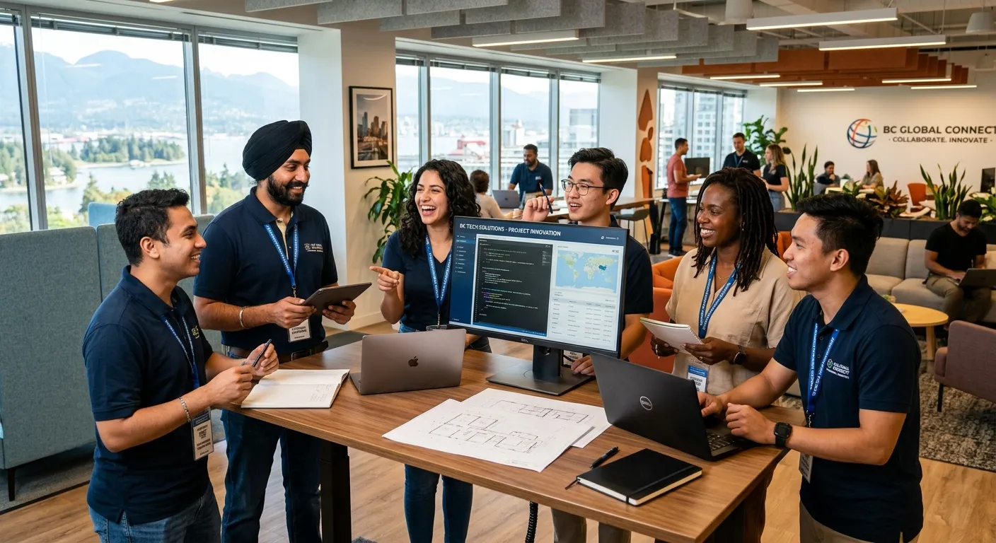 A diverse group of professional temporary foreign workers collaborating in a modern British Columbia workplace, such as a tech office or a clean warehouse. Style: Professional, hopeful, vibrant. Mood: Productive, inclusive, and forward-thinking.