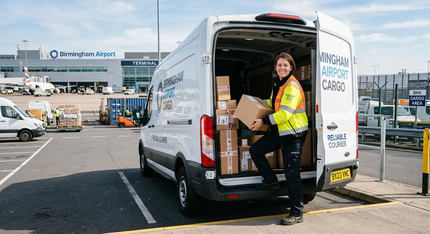 A professional, action-oriented photo of a confident Van Driver in hi-vis clothing, loading packages... A professional, action-oriented photo of a confident Van Driver in hi-vis clothing, loading packages into a clean, modern van at Birmingham Airport's cargo area. Bright, clear day with the airport terminal visible in the background. Conveys reliability, activity, and a sense of local industry.