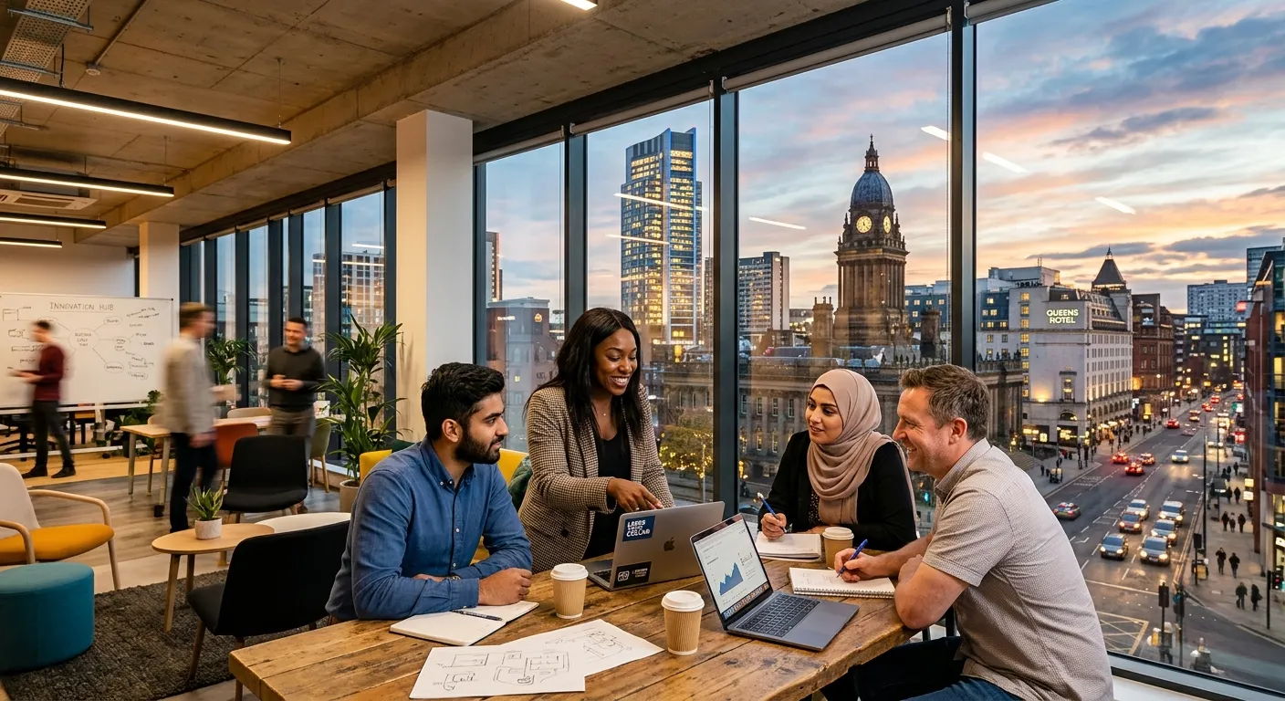 A dynamic, high-energy photo of Leeds city centre skyline (Bridgewater Place visible) blending into... A dynamic, high-energy photo of Leeds city centre skyline (Bridgewater Place visible) blending into a modern office workspace with diverse professionals collaborating. Style: professional, aspirational, vibrant.