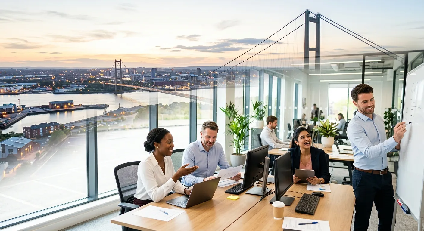 A dynamic, professional photo of the Hull cityscape with the Humber Bridge, overlaid with diverse professionals collaborating in a modern office setting. Style: Bright, optimistic, professional. Mood: Energetic and full of opportunity.