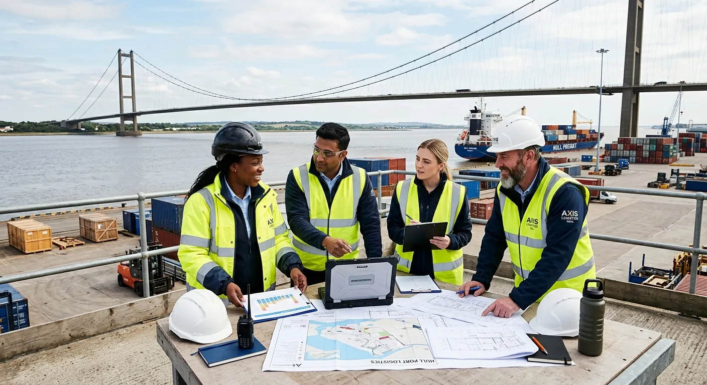 A dynamic, professional photo of a diverse group of agency workers collaborating on a modern industr... A dynamic, professional photo of a diverse group of agency workers collaborating on a modern industrial or logistics project in Hull. The mood is energetic, productive, and forward-looking, with a focus on teamwork and the Humber Bridge or Hull Marina in the background to establish location.