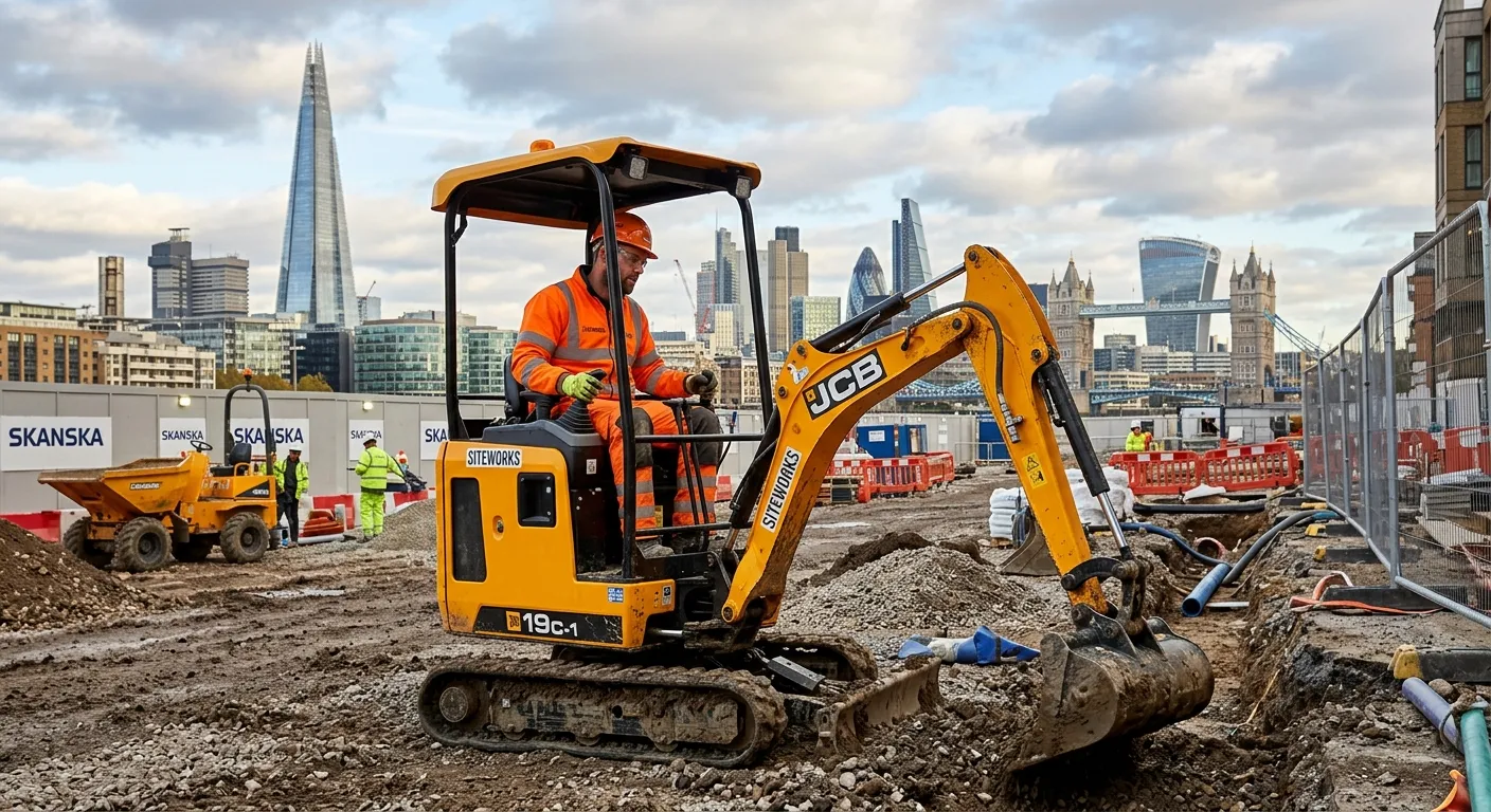A professional Groundworker in high-visibility clothing, operating a compact excavator on a construc... A professional Groundworker in high-visibility clothing, operating a compact excavator on a construction site in Central London, with the London skyline visible in the background. Style: Realistic, professional, and action-oriented.