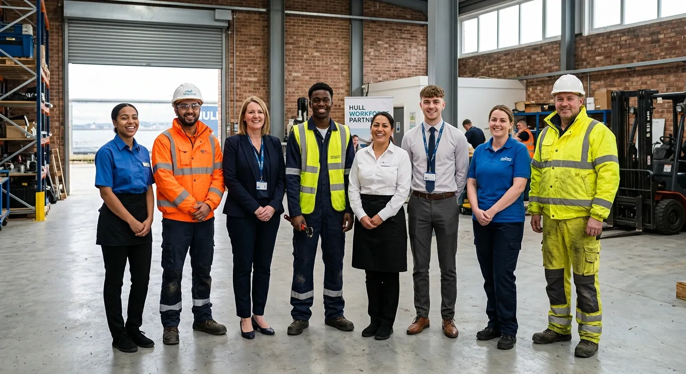 A diverse group of professional temporary workers smiling, dressed for different industries (high-vi... A diverse group of professional temporary workers smiling, dressed for different industries (high-vis, office wear, hospitality uniform), standing together in a modern industrial unit in Hull, symbolising a versatile workforce.