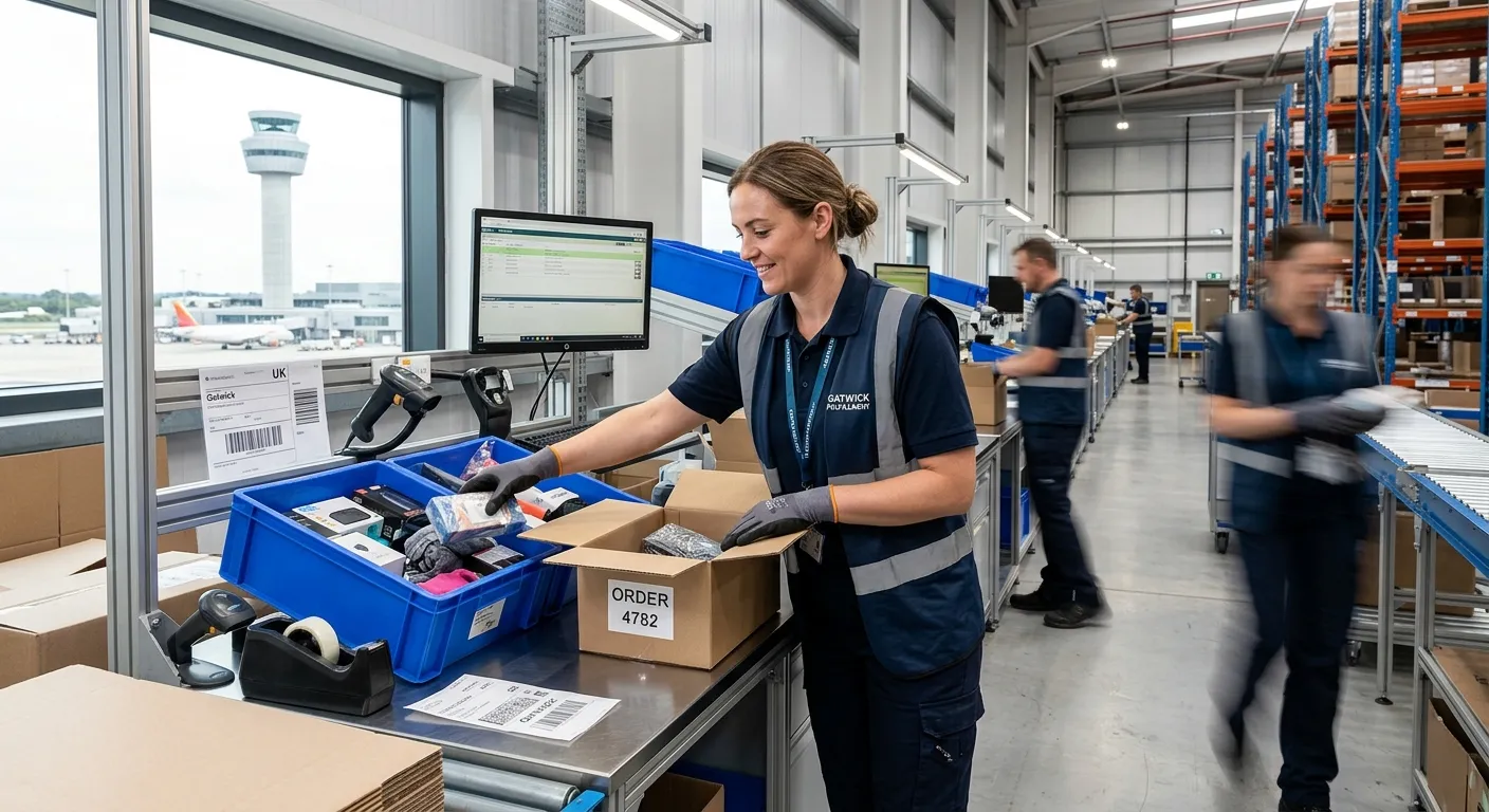 A professional, high-energy photograph of a focused packer working efficiently in a modern, clean wa... A professional, high-energy photograph of a focused packer working efficiently in a modern, clean warehouse in Gatwick. The worker is using a packing station, carefully placing items into boxes, with the Gatwick airport control tower subtly visible through a window. Style: realistic, bright, and professional.