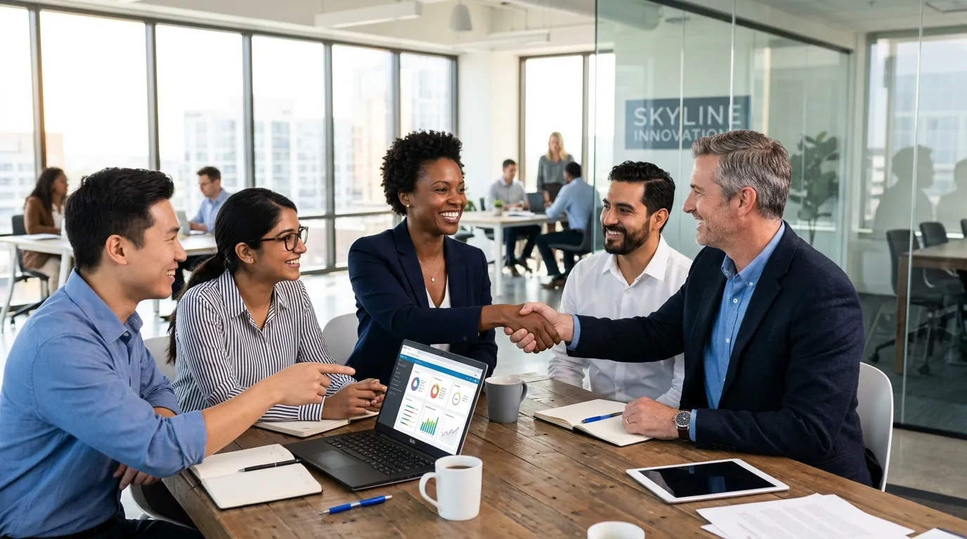 Professional hero image showing a diverse team of business professionals in a modern office, smiling... Professional hero image showing a diverse team of business professionals in a modern office, smiling and collaborating over a laptop. One person is shaking hands with a manager. Style: Bright, aspirational, high-contrast. Mood: Successful, trustworthy, and efficient.