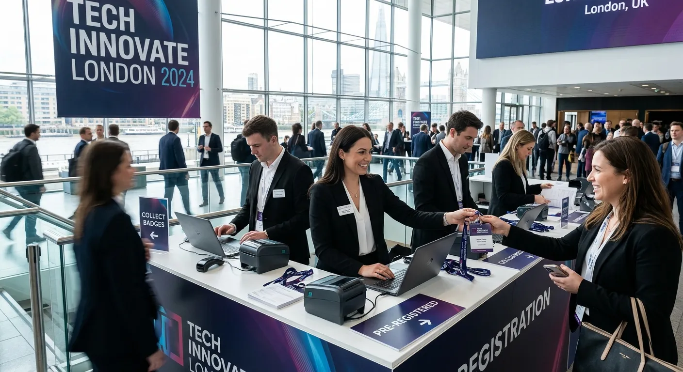 A dynamic, high-energy shot of professional event staff in London, dressed in crisp black and white,... A dynamic, high-energy shot of professional event staff in London, dressed in crisp black and white, efficiently managing a registration desk at a sleek, modern conference venue. The mood is professional, organised, and vibrant.