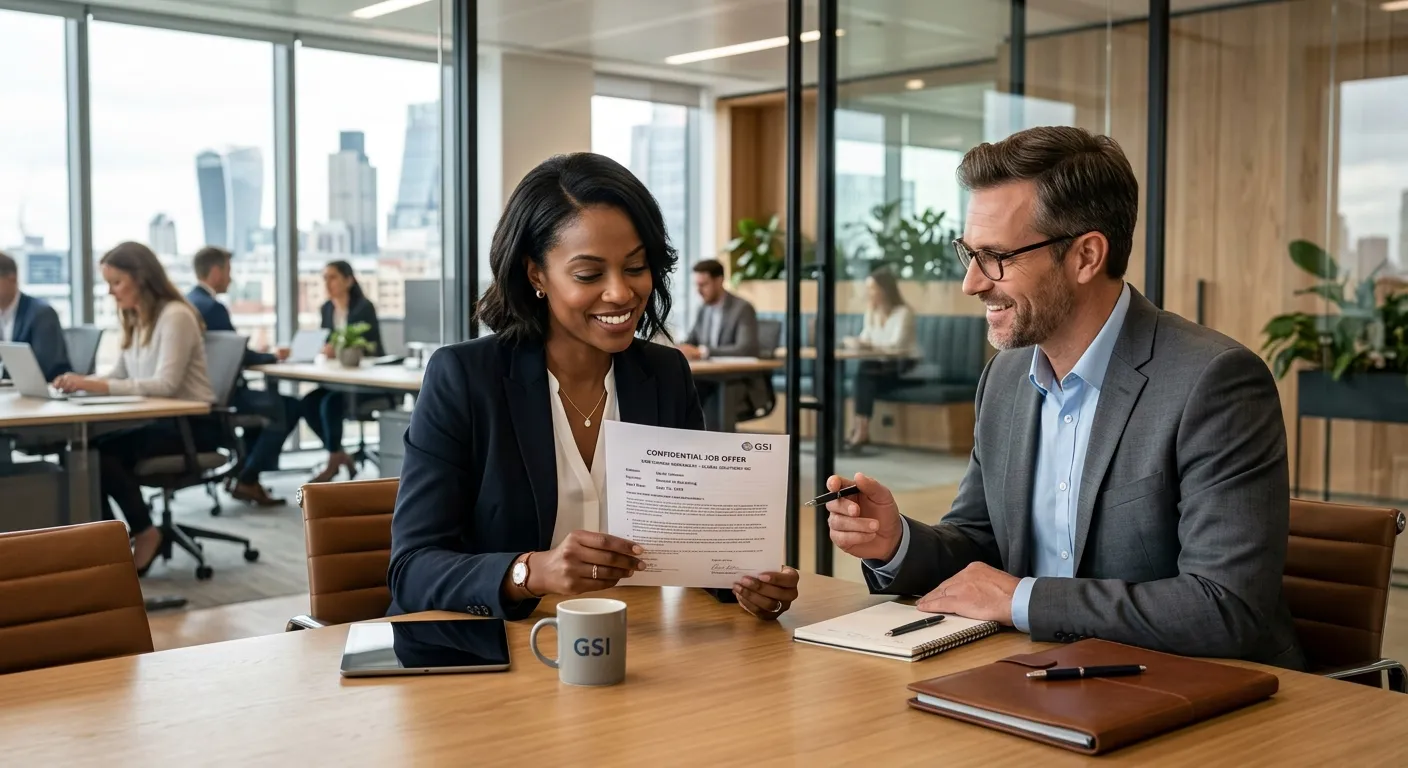 A professional, confident job seeker in a modern office setting, reviewing a job offer with a headhunter. Style: Corporate, aspirational, high-quality stock photo. Mood: Successful, collaborative, and forward-thinking.