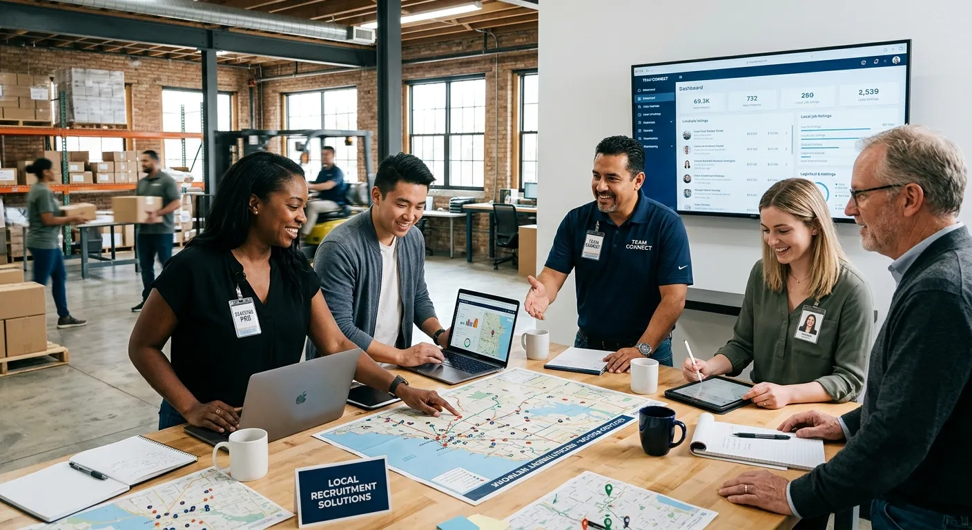A dynamic, professional photo showing a diverse group of agency workers and recruiters collaborating... A dynamic, professional photo showing a diverse group of agency workers and recruiters collaborating in a modern office or warehouse setting, with a focus on teamwork and local maps/technology. Style: Bright, authentic, and energetic. Mood: Productive and solution-oriented.