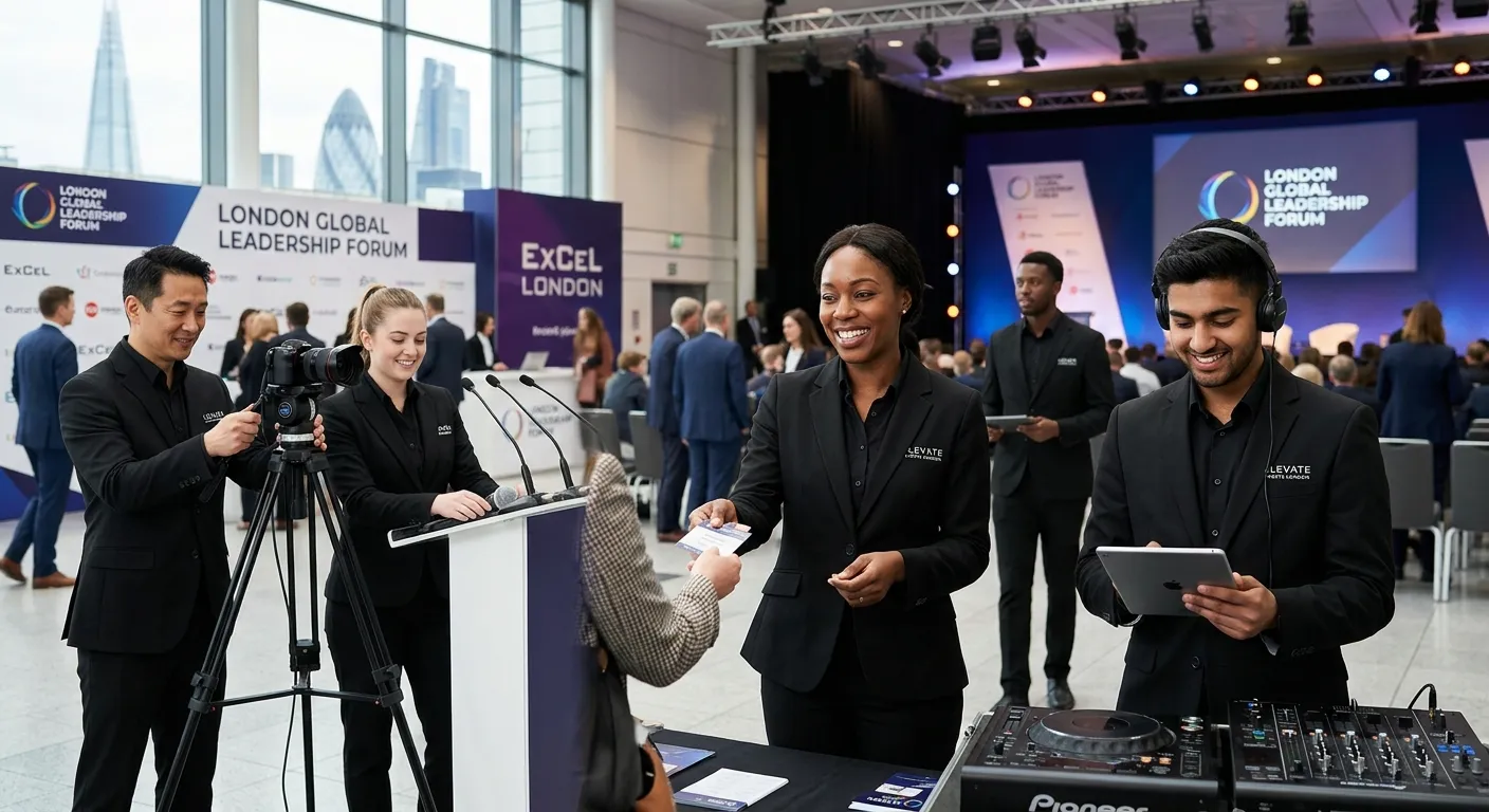 Professional hero image of a diverse team of event staff in London, smiling and working seamlessly a... Professional hero image of a diverse team of event staff in London, smiling and working seamlessly at an upscale conference. They are dressed in sharp black uniforms, setting up AV equipment and welcoming guests. The style is vibrant, dynamic, and professional, with a shallow depth of field focusing on the team.
