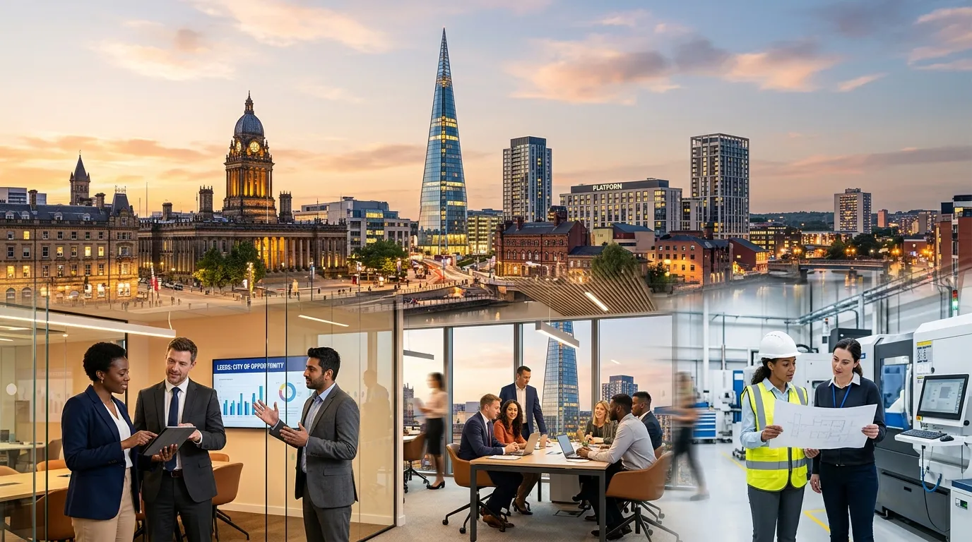 A dynamic, professional hero image of Leeds city skyline (featuring landmarks like the Town Hall or Bridgewater Place) blending with diverse professionals in modern office and industrial settings, conveying opportunity and energy.