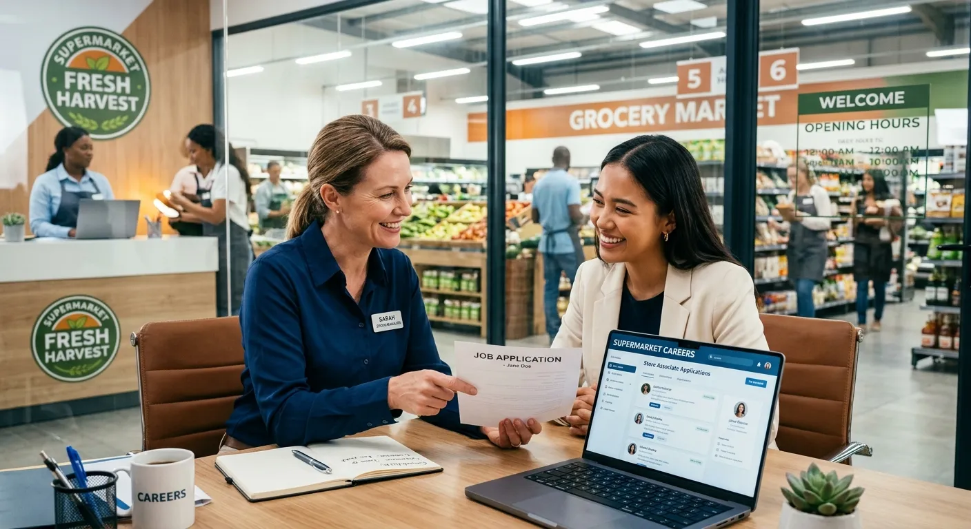 A modern, professional scene in a bustling supermarket office. A manager in a shirt is reviewing applications with a candidate, both smiling. On the desk, a laptop shows a job portal. The style is bright, high-contrast, and professional, conveying opportunity and growth.