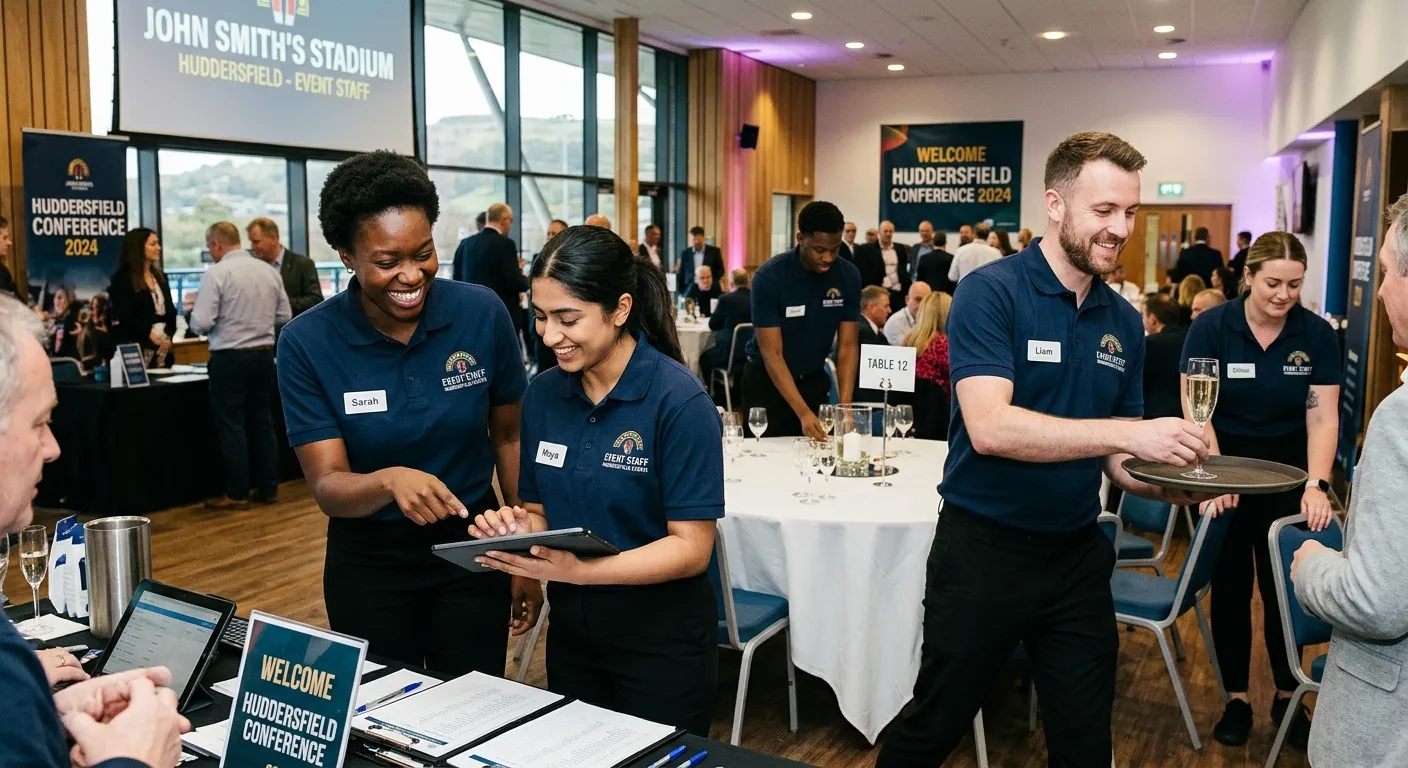 A dynamic, professional photo of a diverse team of Event Staff members smiling and working together... A dynamic, professional photo of a diverse team of Event Staff members smiling and working together at a busy conference or wedding venue in Huddersfield. They are setting up tables, checking guest lists, and serving drinks. The mood is energetic, professional, and welcoming.