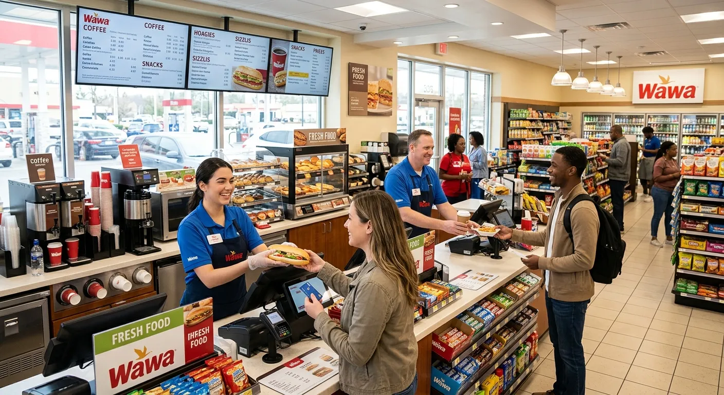Modern, well-lit convenience store interior with friendly staff serving customers at the counter, re... Modern, well-lit convenience store interior with friendly staff serving customers at the counter, representing a professional retail environment like Wawa. Style: professional stock photo, warm and inviting mood.