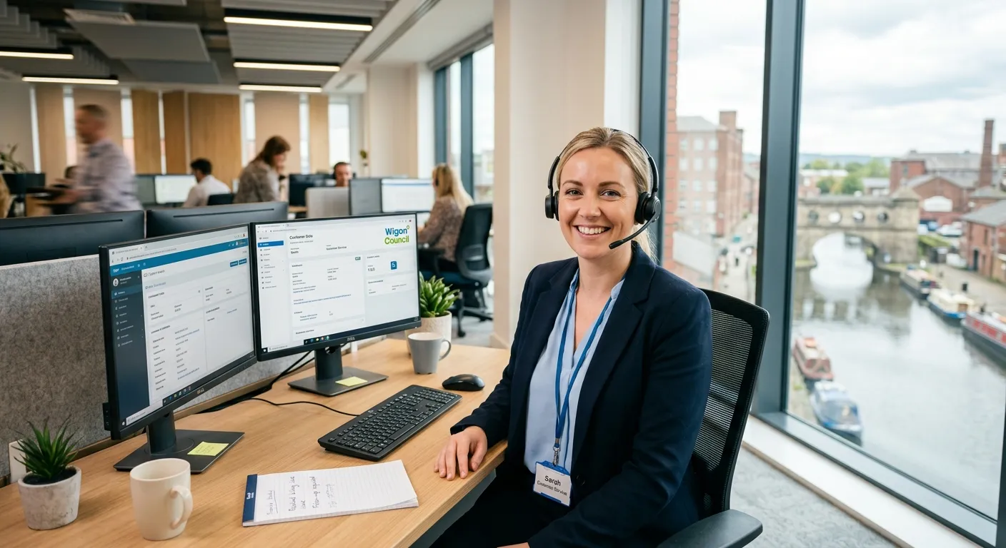 A professional, friendly Customer Service Representative smiling while wearing a headset in a modern... A professional, friendly Customer Service Representative smiling while wearing a headset in a modern office environment, with a Wigan landmark subtly visible through a window. Style: Professional, welcoming, bright office lighting.