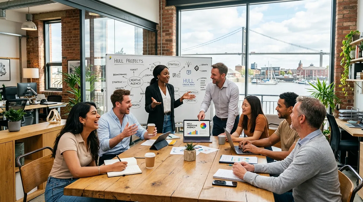 A dynamic, professional hero image showing a diverse group of agency workers and business managers c... A dynamic, professional hero image showing a diverse group of agency workers and business managers collaborating in a modern industrial or office setting in Hull, with the Humber Bridge subtly in the background. Style: Bright, optimistic, professional. Mood: Energetic and collaborative.