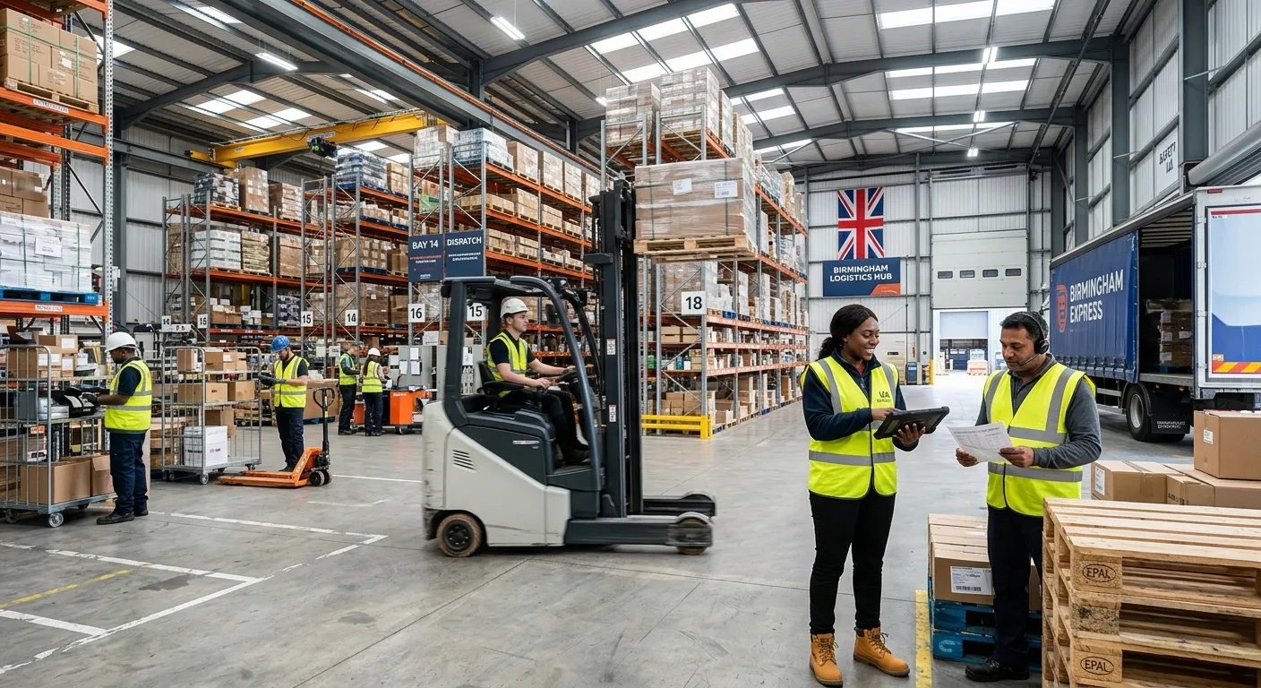 A dynamic, professional photo of a modern, well-organized warehouse in Birmingham. A diverse team of warehouse operatives is working efficiently, with a focus on logistics coordination and forklift operation. The mood is productive and modern.