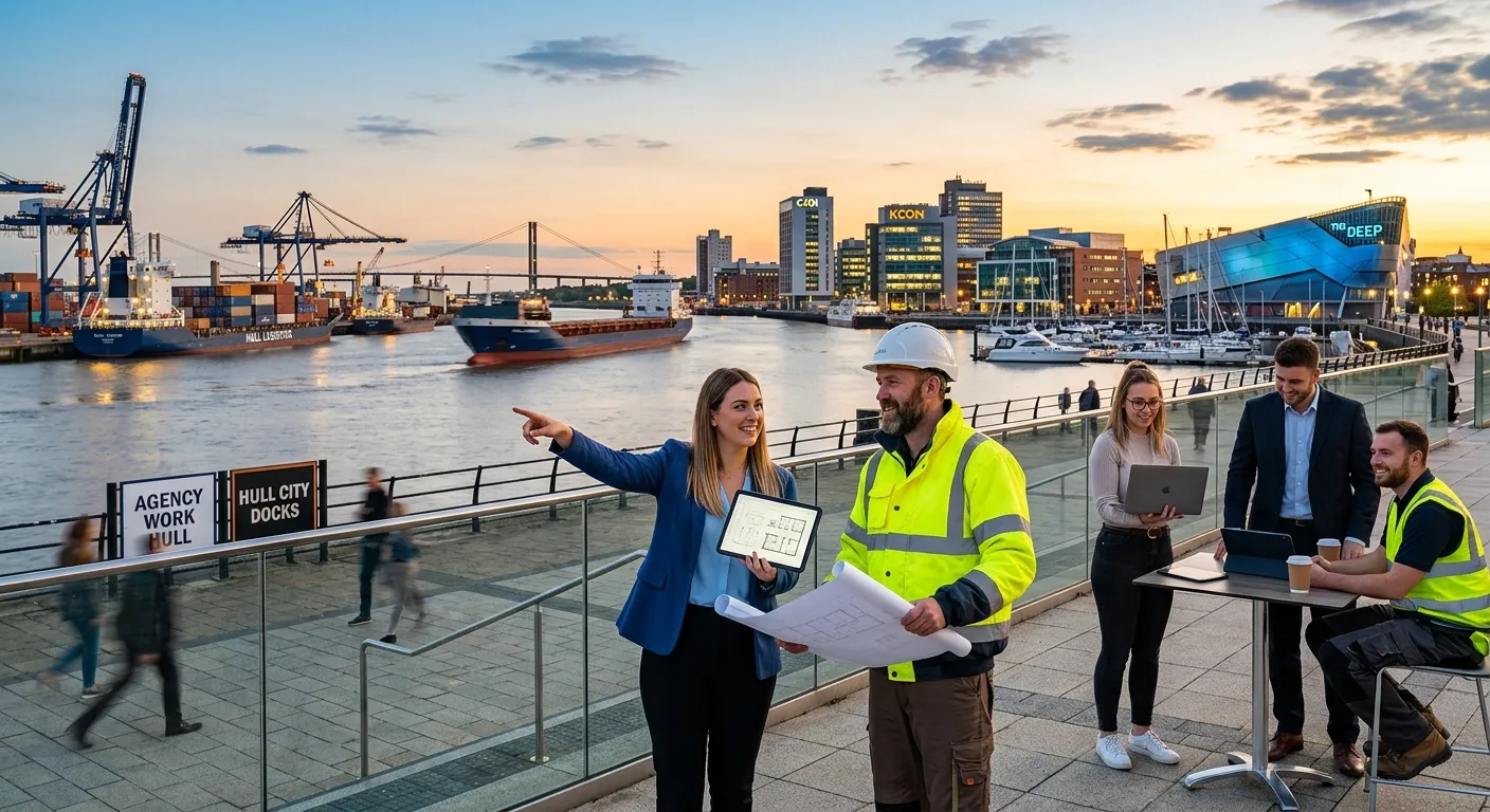 A dynamic, professional photo of the Hull city skyline and docks with modern office workers and indu... A dynamic, professional photo of the Hull city skyline and docks with modern office workers and industrial staff collaborating, representing the blend of opportunities in Agency Work Hull. Style: vibrant, professional, hopeful mood.