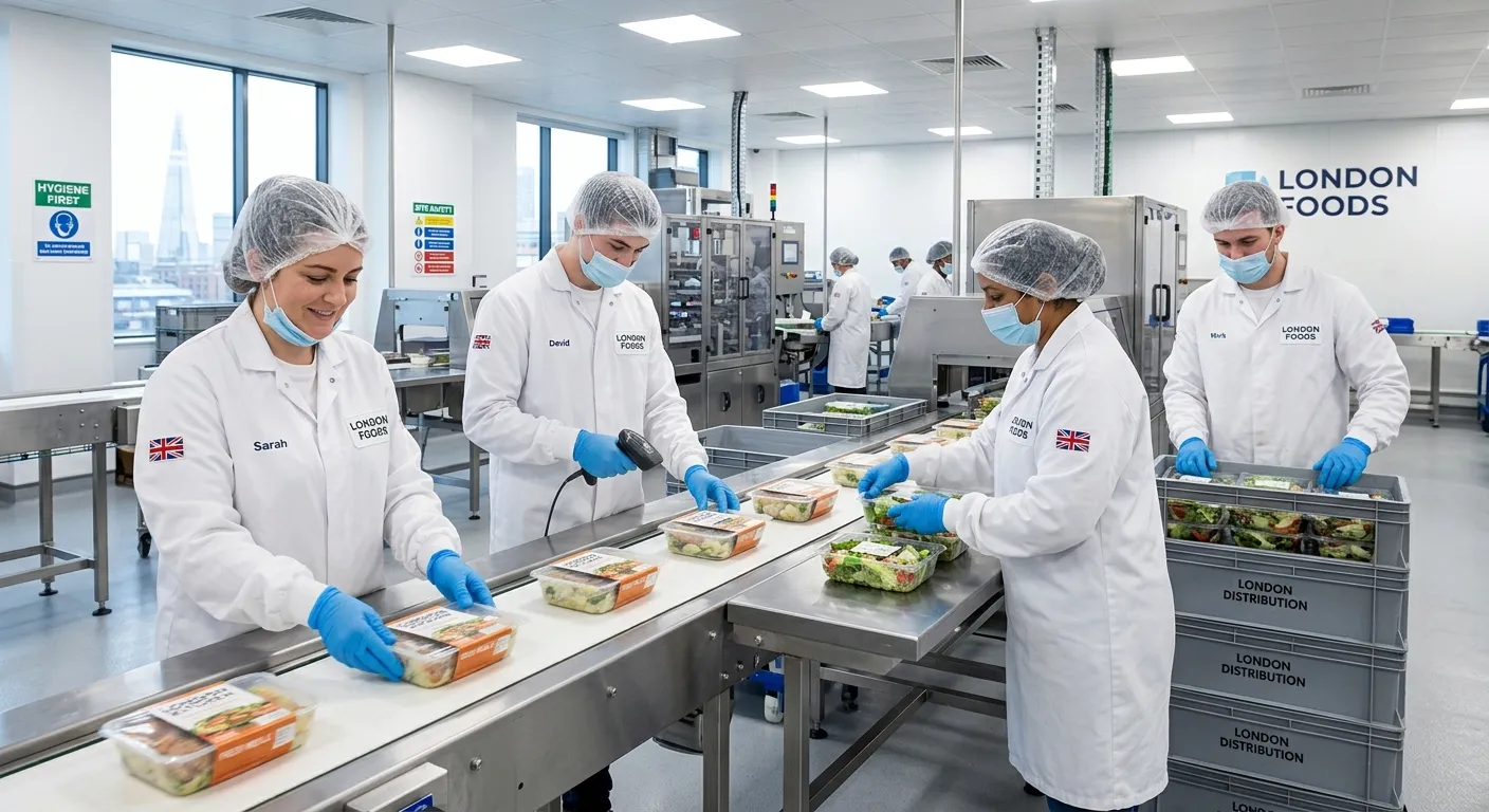 A professional and energetic photo of Food Production Operatives working in a modern, clean, and hyg... A professional and energetic photo of Food Production Operatives working in a modern, clean, and hygienic food manufacturing environment in London. They are wearing appropriate PPE like hairnets and coats, focused on quality control and packaging. The image conveys efficiency, teamwork, and a high-standard workplace.