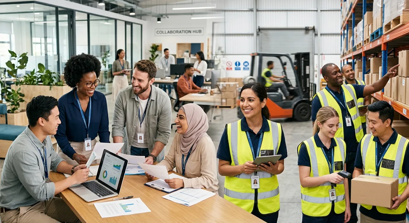 A diverse group of professional temporary workers in a modern office and a warehouse setting, smilin... A diverse group of professional temporary workers in a modern office and a warehouse setting, smiling and collaborating. The style is bright, professional, and aspirational, showing the positive impact of flexible staffing.
