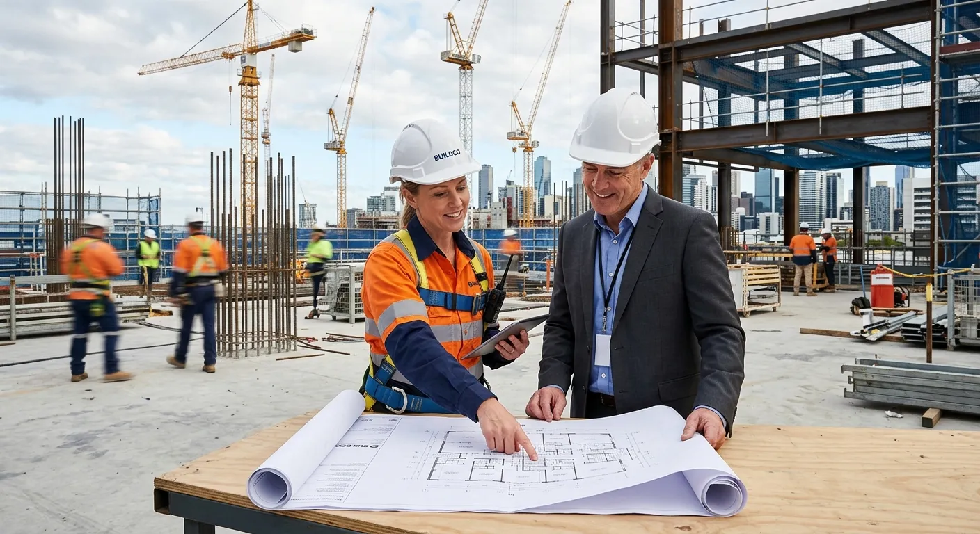 A professional, high-resolution photo of a construction site manager and client reviewing blueprints together on a modern building site, with cranes in the background. Style: professional, collaborative, authoritative. Mood: confident and successful.
