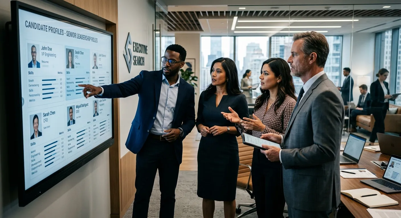A professional, high-contrast image of a diverse headhunter team in a modern office, intently discus... A professional, high-contrast image of a diverse headhunter team in a modern office, intently discussing candidate profiles on a digital screen. Style: Corporate, confident, focused. Mood: Authoritative and solution-oriented.