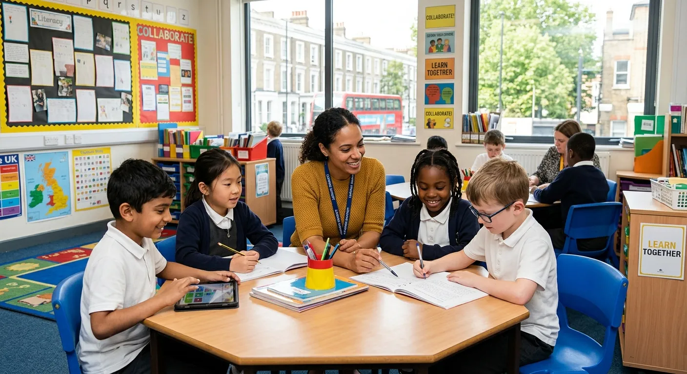 A diverse, professional Learning Support Assistant working collaboratively with a small group of students in a modern, bright London classroom, conveying a supportive and dynamic educational environment.
