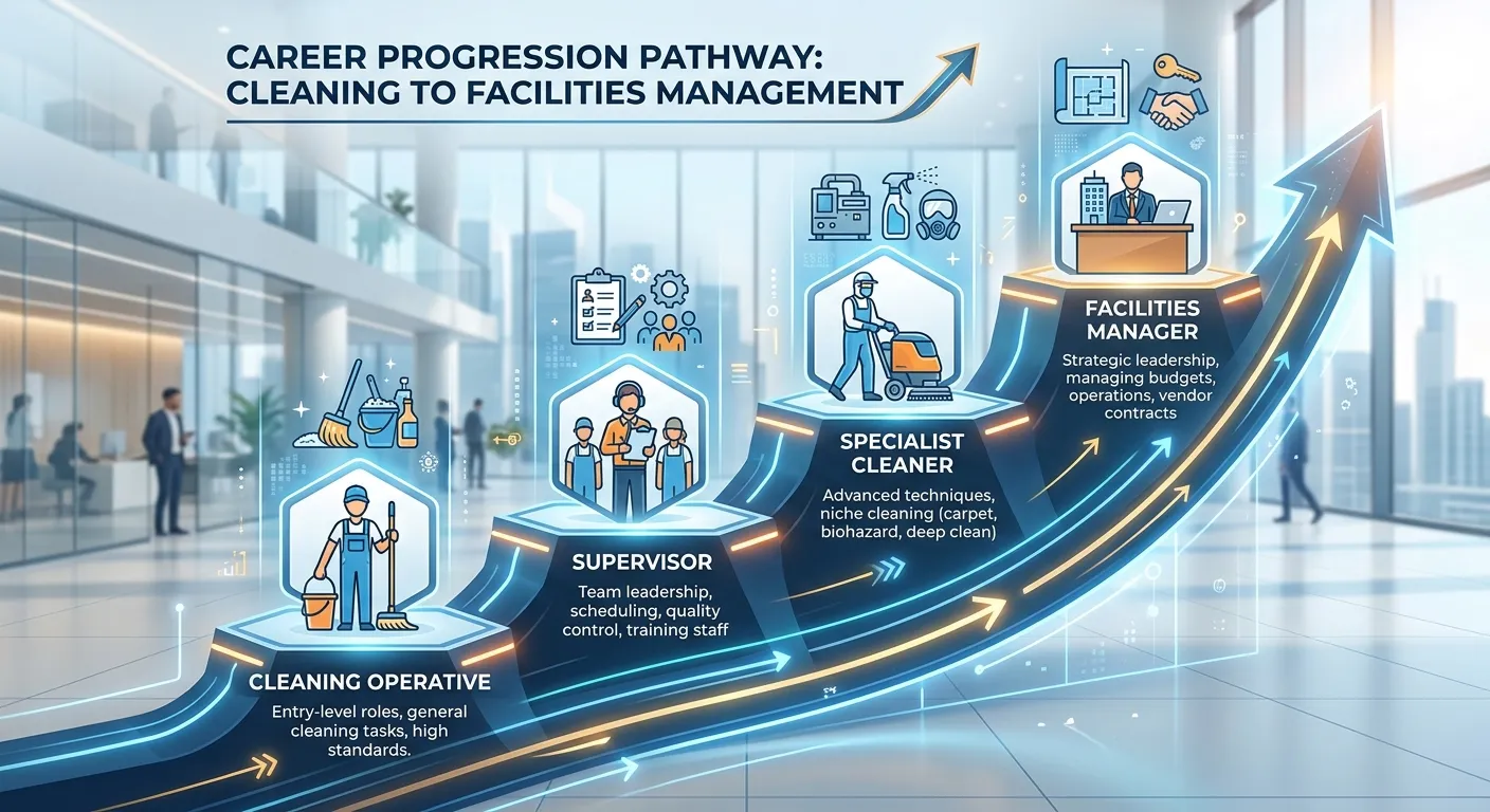A visual career ladder graphic showing progression from Cleaning Operative to Supervisor, to Special... A visual career ladder graphic showing progression from Cleaning Operative to Supervisor, to Specialist Cleaner, to Facilities Manager, with icons for each step.