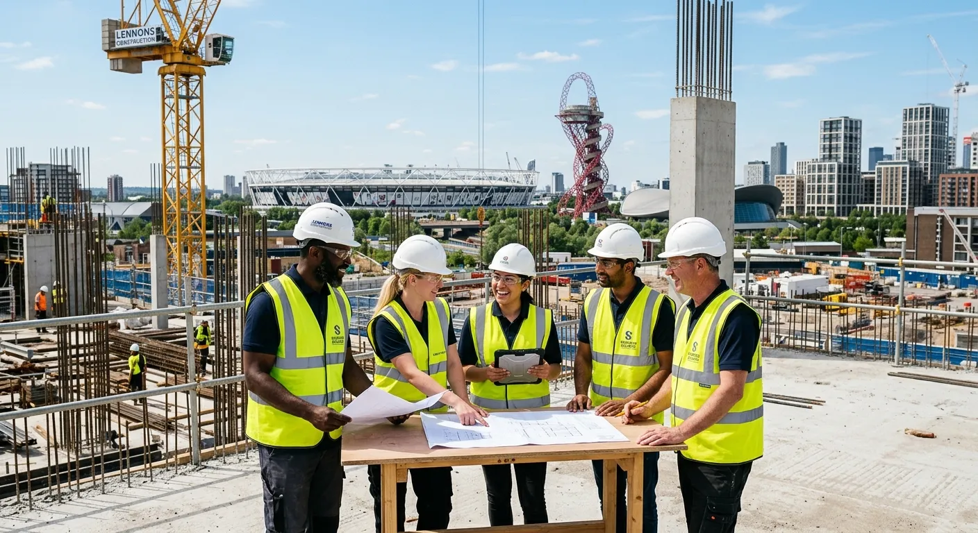 A professional, diverse group of construction workers in high-visibility vests and hard hats, smiling and collaborating on a modern building site in Stratford, London, with the Olympic Park in the background. Bright, clear day.