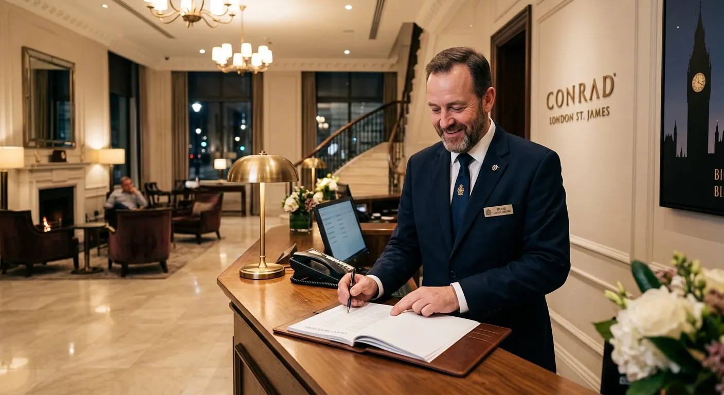 A professional and reassuring image of a Night Porter in a smart, well-lit hotel lobby in Westminste... A professional and reassuring image of a Night Porter in a smart, well-lit hotel lobby in Westminster, checking a guest directory. The porter looks approachable and the setting is clean, safe, and prestigious.