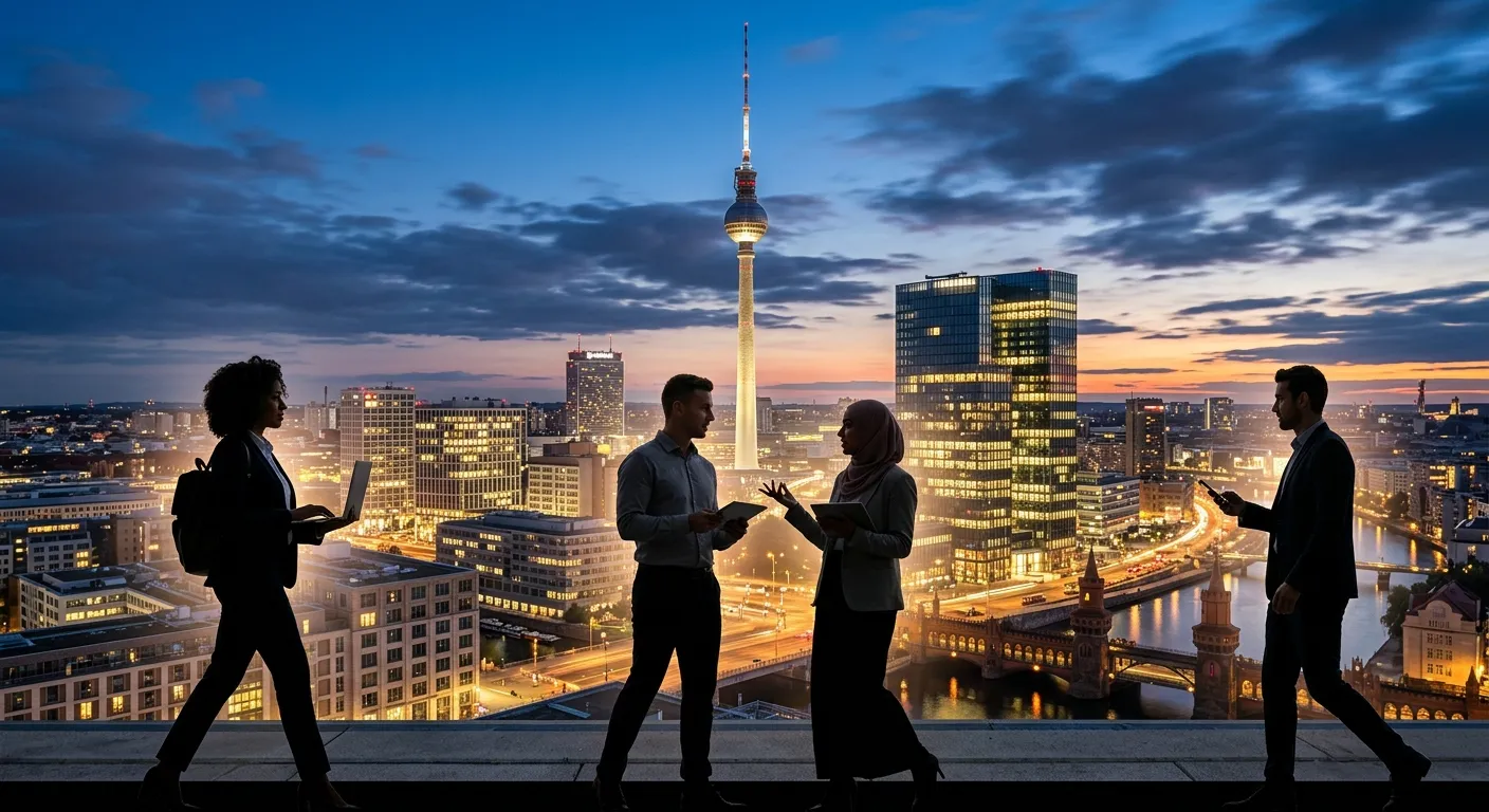 A dynamic, professional photo of the Berlin skyline featuring the TV Tower and modern office buildin... A dynamic, professional photo of the Berlin skyline featuring the TV Tower and modern office buildings, overlaid with silhouettes of diverse professionals. Mood: aspirational, modern, and connected.