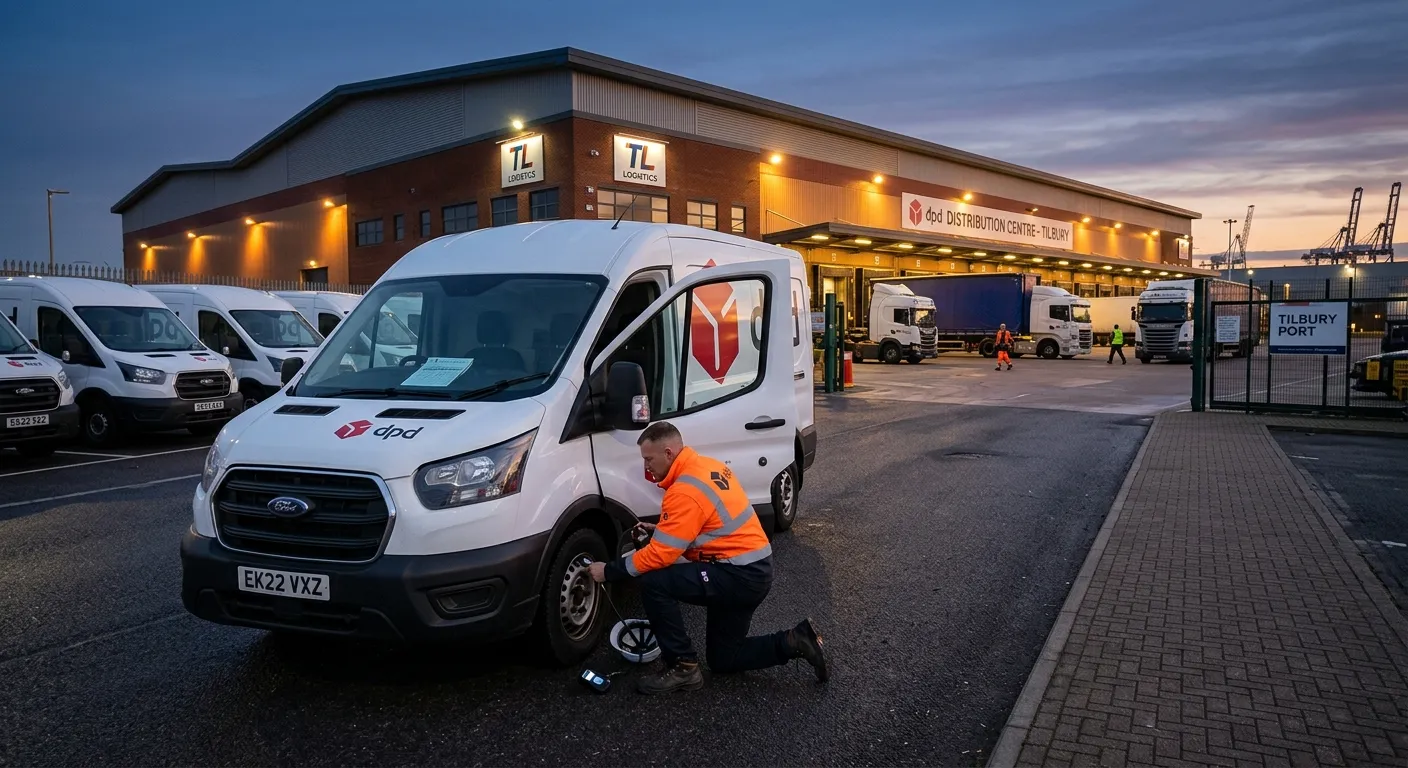 A delivery driver at dawn in a Tilbury logistics park, performing a vehicle check on a white van, wi... A delivery driver at dawn in a Tilbury logistics park, performing a vehicle check on a white van, with a warehouse in the background