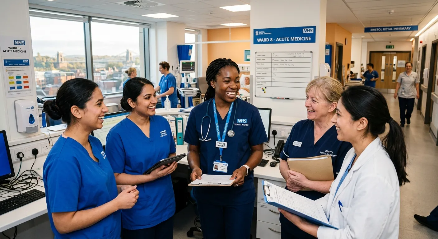 A professional travel nurse in scrubs, smiling during a morning handover with colleagues in a modern NHS hospital ward in Bristol.