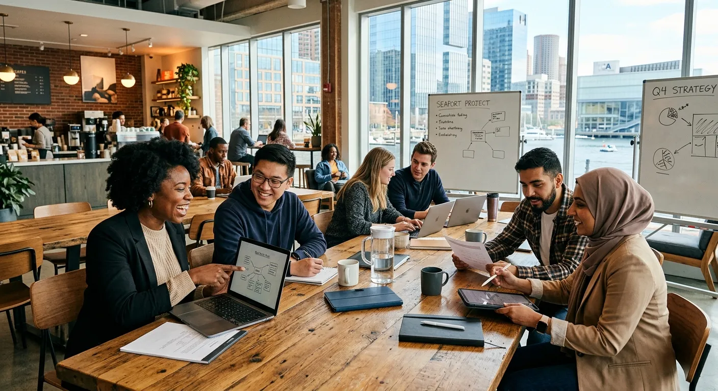 A dynamic, professional photo of diverse professionals collaborating in a modern Boston co-working space, such as the Seaport District. The mood is energetic, inclusive, and productive, with natural light and a mix of focused work and team discussion.