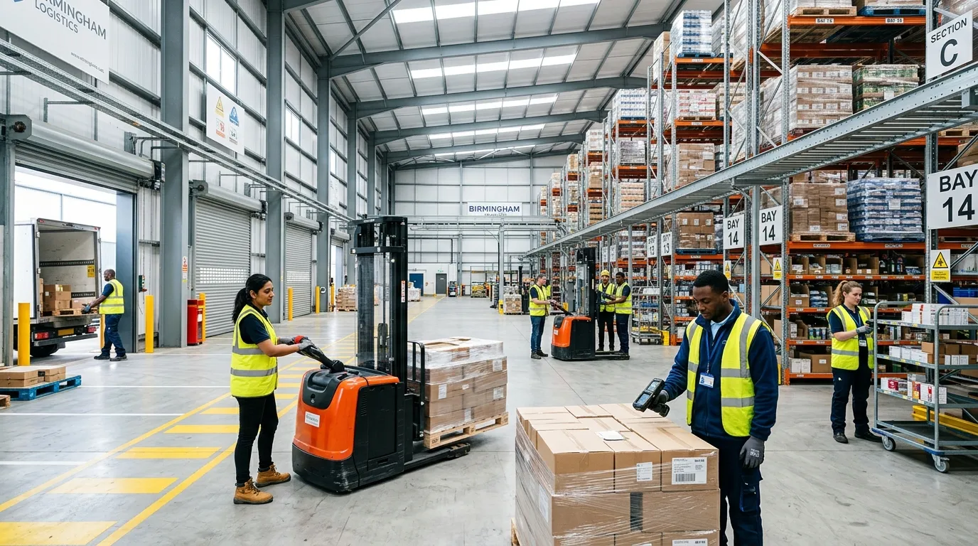 A dynamic, professional hero image of a modern, well-organized Birmingham warehouse in operation. A... A dynamic, professional hero image of a modern, well-organized Birmingham warehouse in operation. A diverse team of workers is shown managing inventory with forklifts and scanning systems. The style is bright, optimistic, and conveys efficiency and scale.