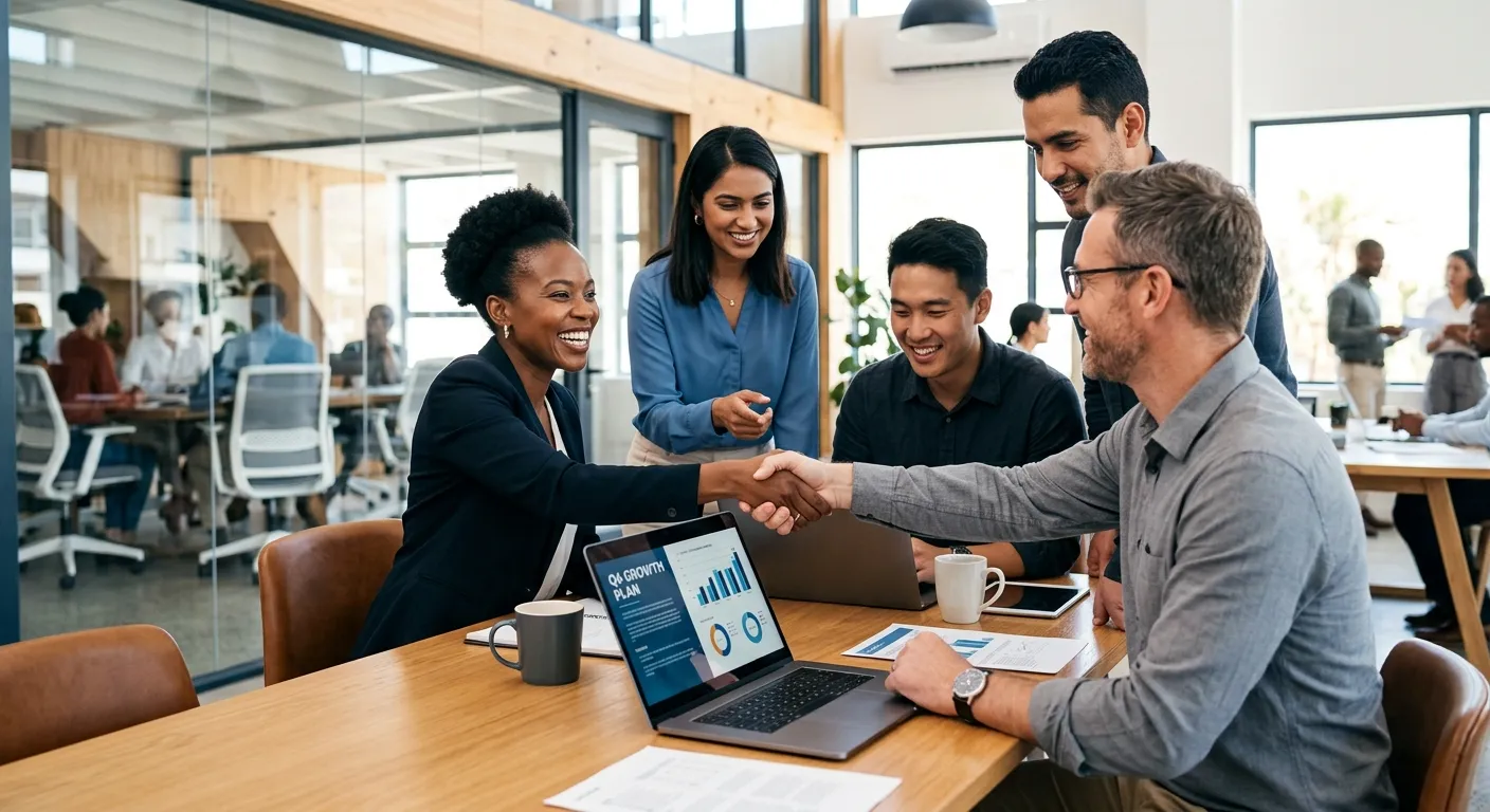 A diverse group of professionals in a modern office setting, shaking hands and looking at a laptop together. The mood is collaborative, professional, and forward-thinking. Style: Bright, high-contrast, corporate photography.